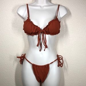 Lilosy Rust Brown Ribbed Padded String Thong Brazilian Bikini  NWOT
